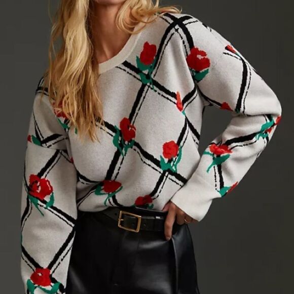 Anthropologie L Maeve Oversized Crop Crewneck Trellis Floral Pullover Sweater - Picture 7 of 16